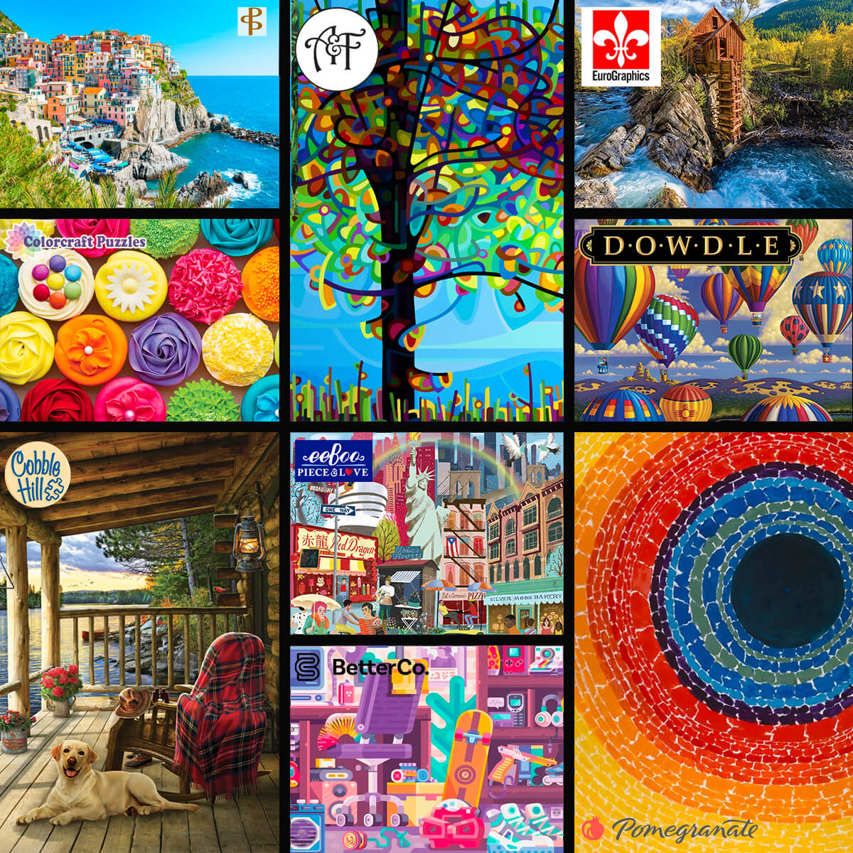 Nine puzzles from Art & Fable, EuroGraphics, Dowdle, Cobble Hill, eeBoo, BetterCo, Pomegranate and Colorcraft